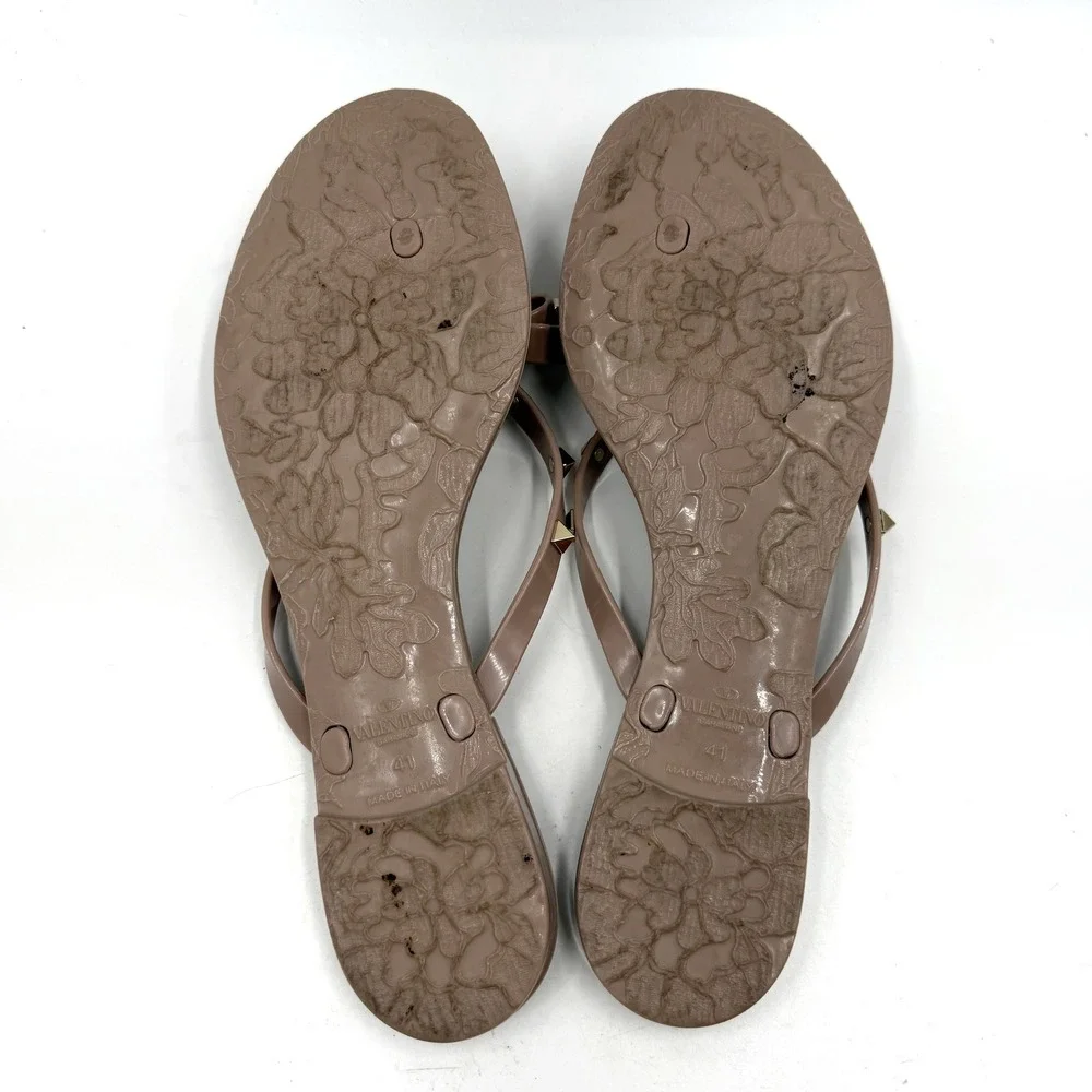 Valentino Rockstud Jelly Sandals Tan Bow Thong Flat Slide Womens Sz 41 / 11 US